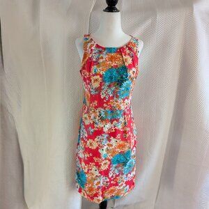 Linen Floral Sheath Dress Pockets Coral & Teal Size 38, Size 6 NWT